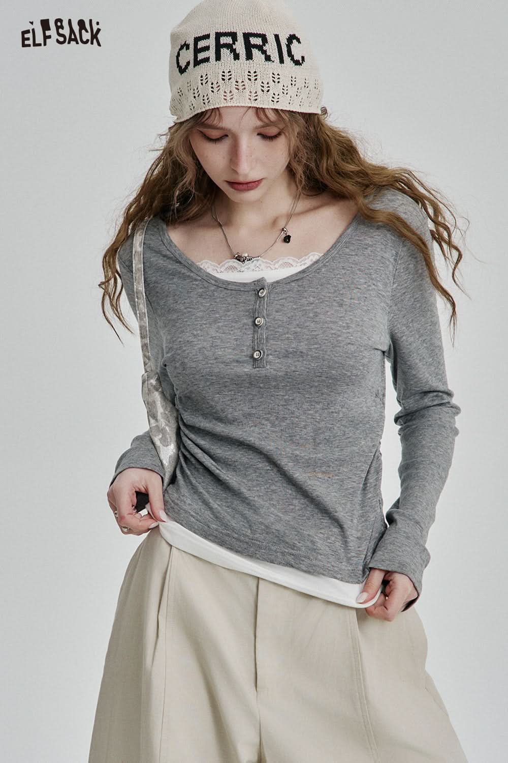 ELFSACK Sweet Contrast Color Lace Patchwork Full Sleeve T-Shirt Women Casual Elegant Fake Two-piece Tee Shirts