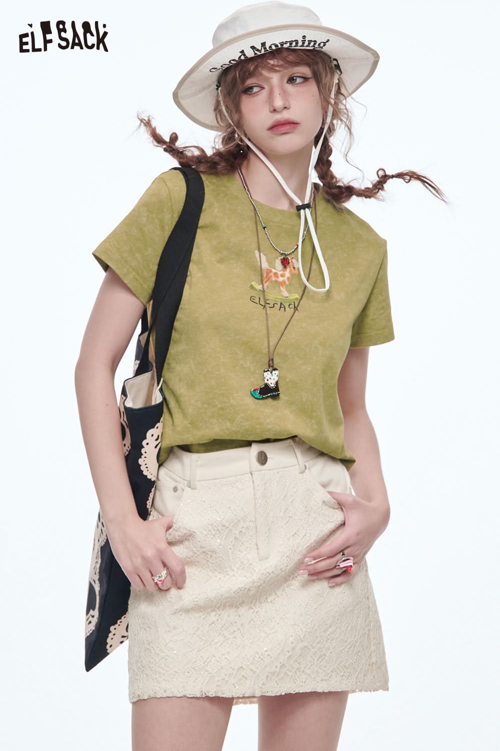 ELFSACK Y2K Printed Short Sleeve T-Shirt Women O-neck Slim Crop Top