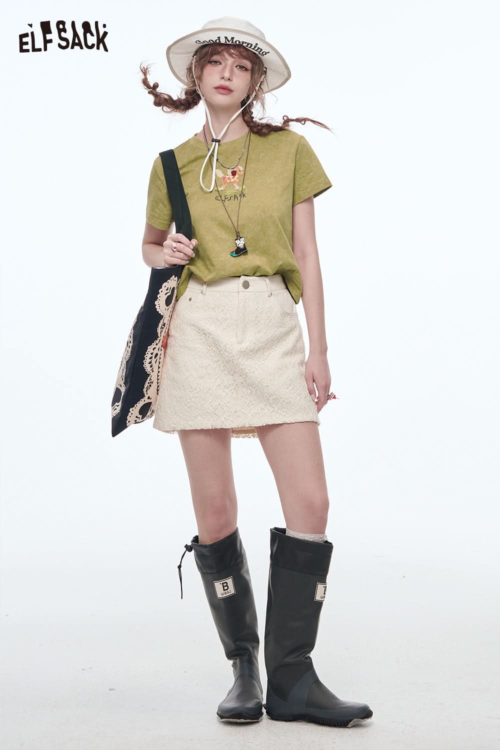 ELFSACK Y2K Printed Short Sleeve T-Shirt Women O-neck Slim Crop Top