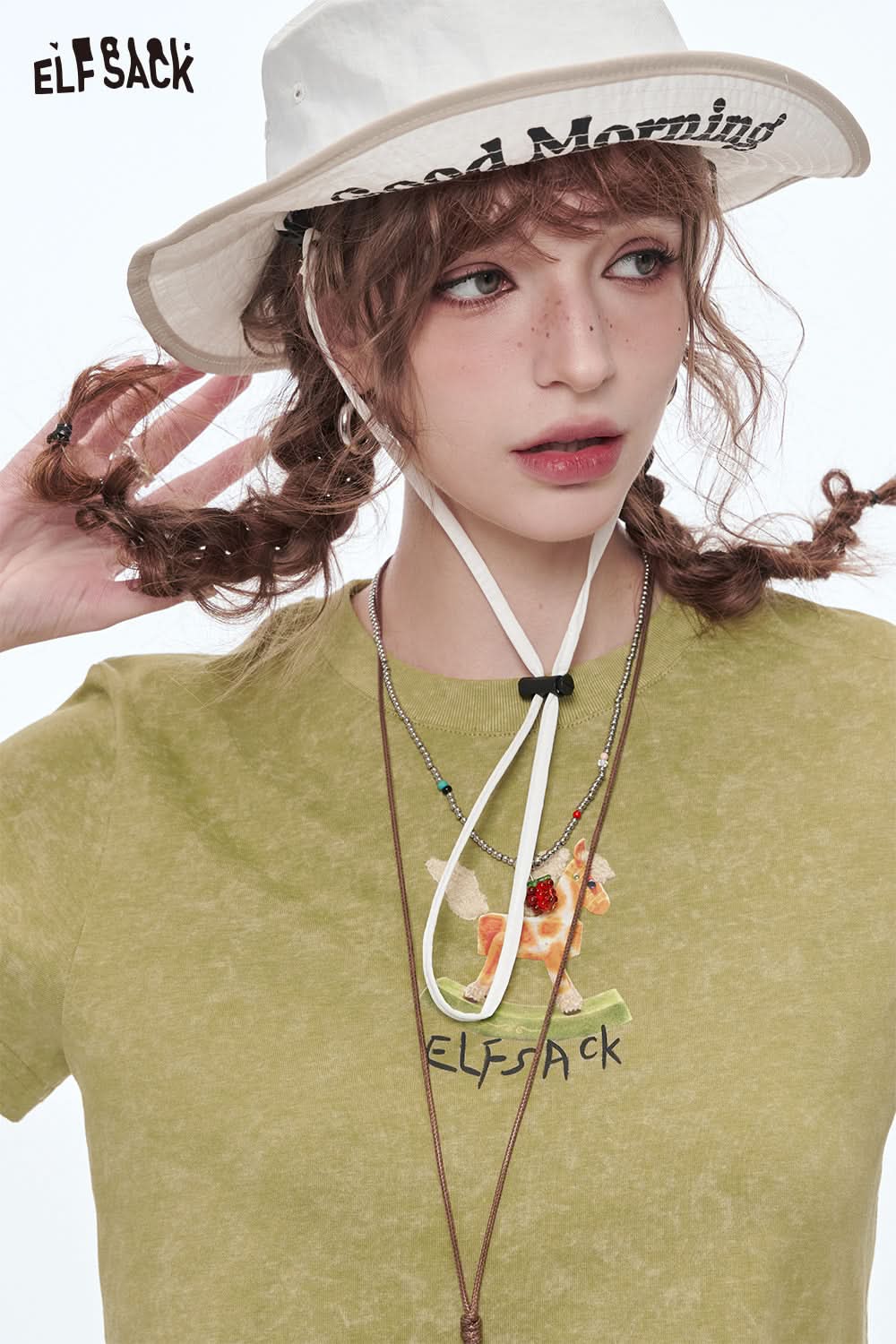 ELFSACK Y2K Printed Short Sleeve T-Shirt Women O-neck Slim Crop Top