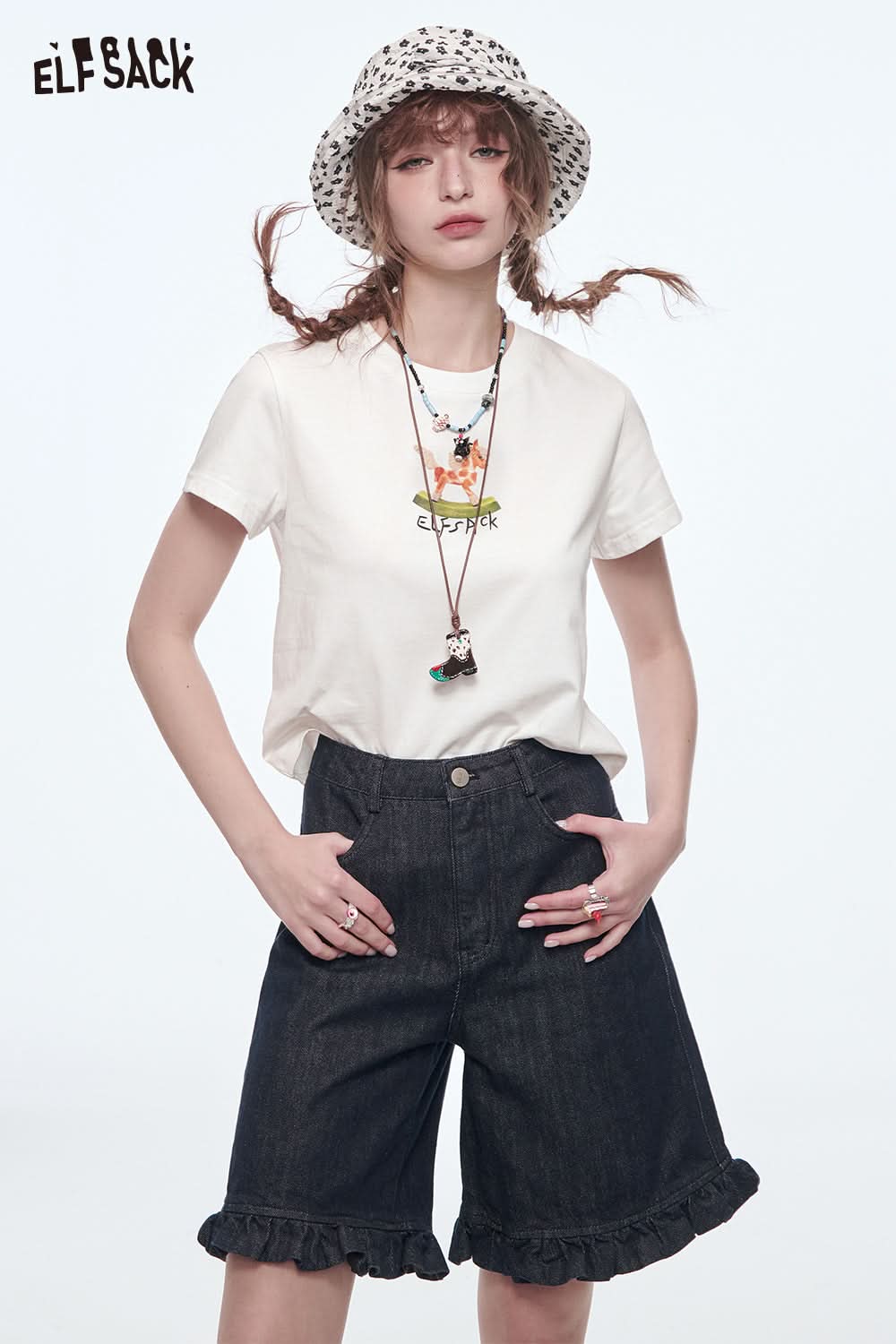 ELFSACK Y2K Printed Short Sleeve T-Shirt Women O-neck Slim Crop Top