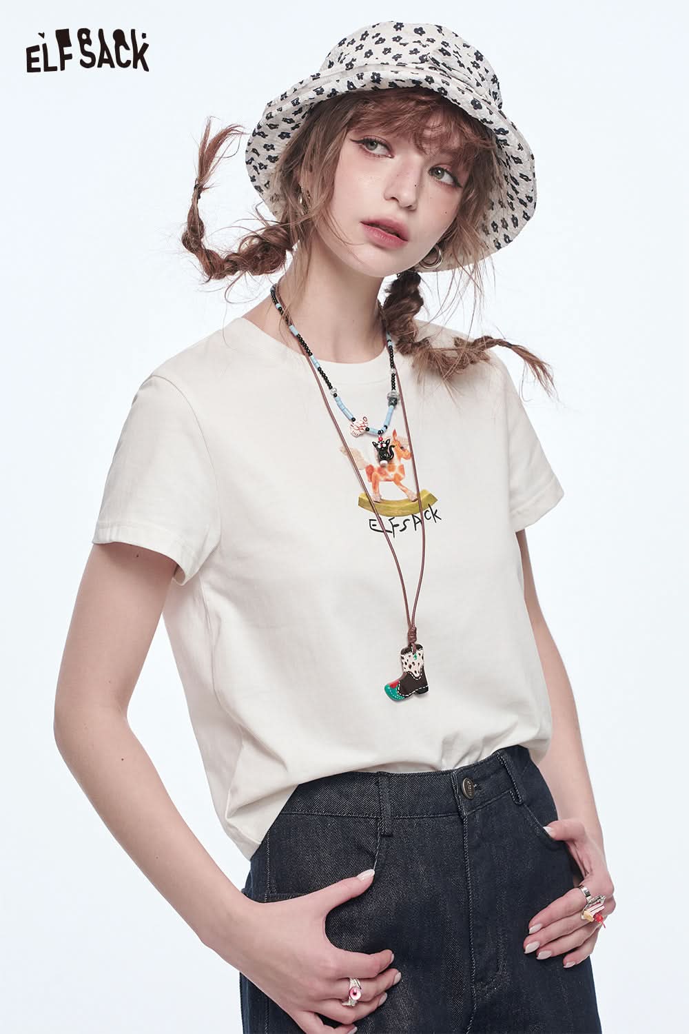 ELFSACK Y2K Printed Short Sleeve T-Shirt Women O-neck Slim Crop Top