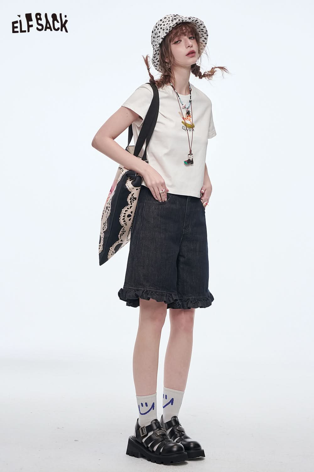 ELFSACK Y2K Printed Short Sleeve T-Shirt Women O-neck Slim Crop Top