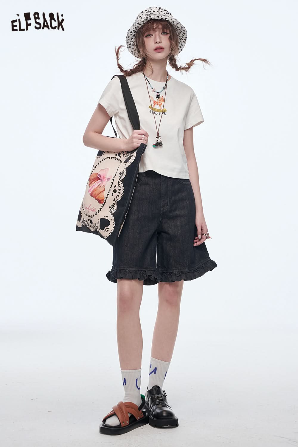 ELFSACK Y2K Printed Short Sleeve T-Shirt Women O-neck Slim Crop Top