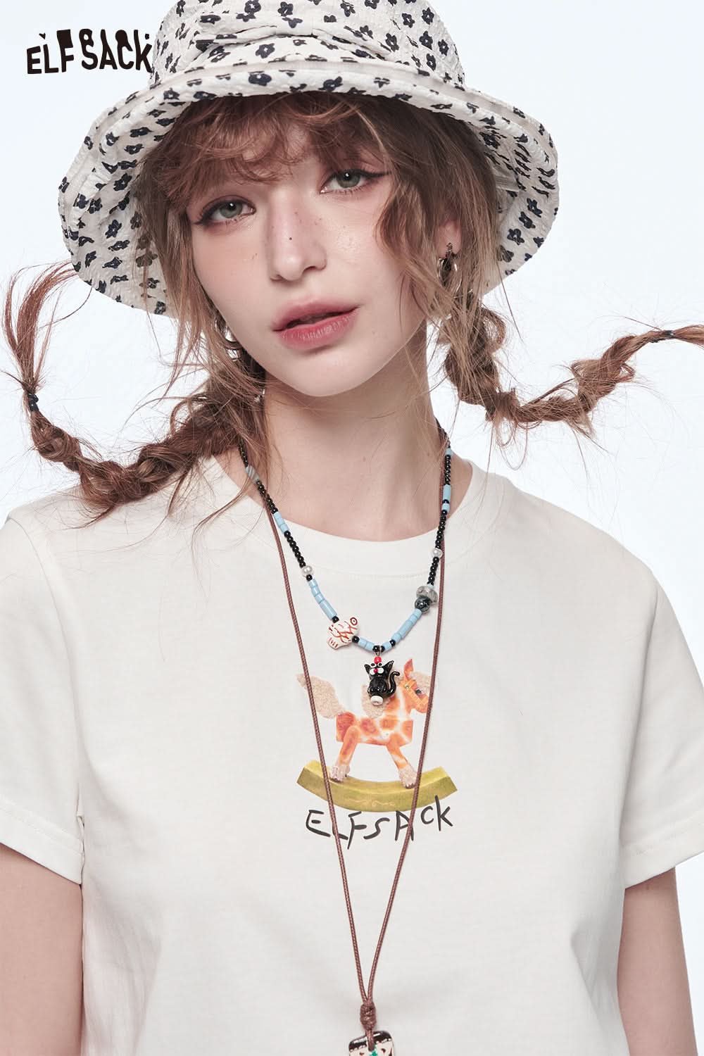 ELFSACK Y2K Printed Short Sleeve T-Shirt Women O-neck Slim Crop Top