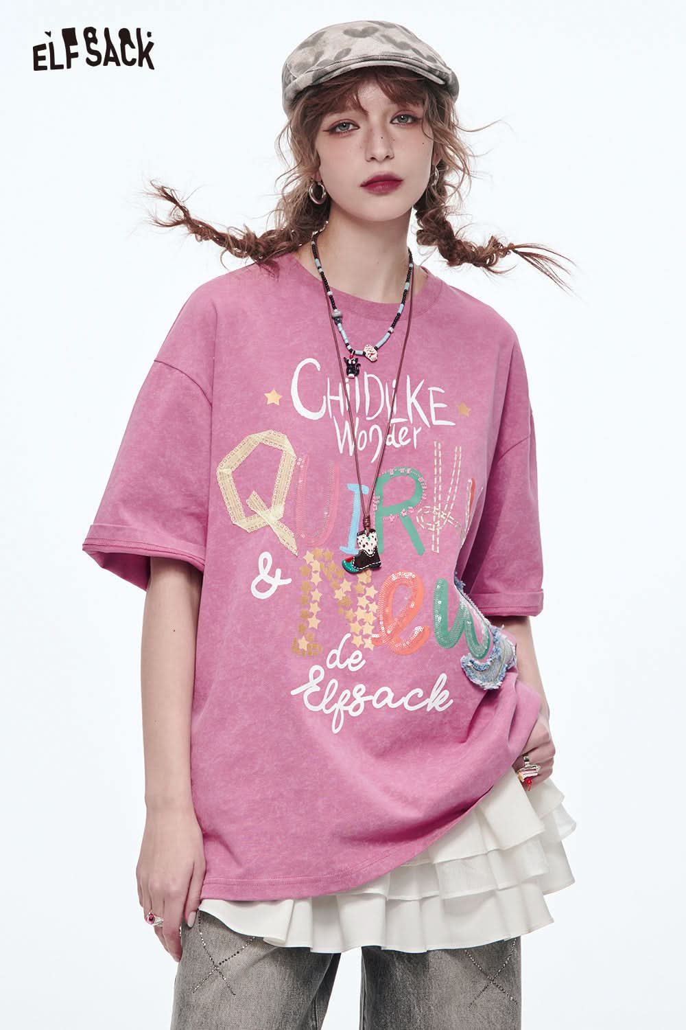 ELFSACK Casual Sweet Pink Letter Printed Short Sleeve Cotton T-Shirt Women