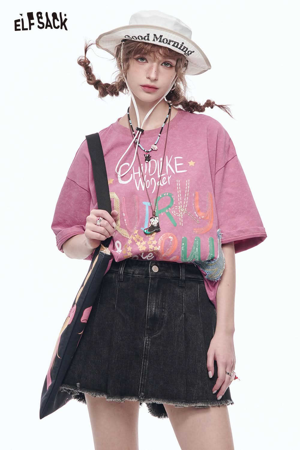 ELFSACK Casual Sweet Pink Letter Printed Short Sleeve Cotton T-Shirt Women