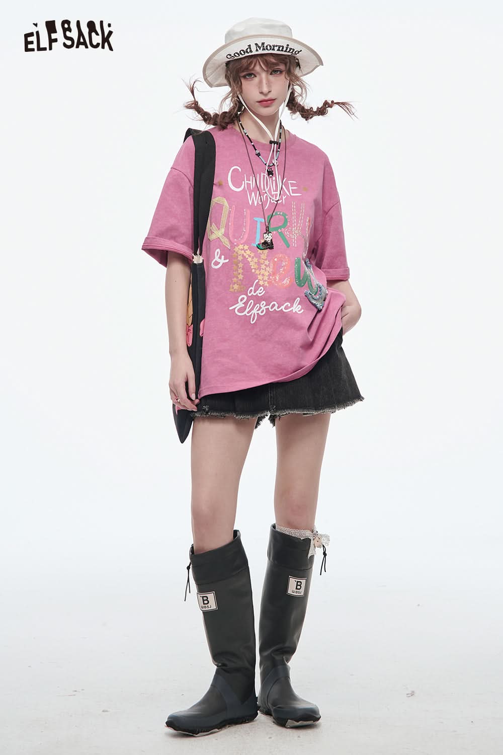 ELFSACK Casual Sweet Pink Letter Printed Short Sleeve Cotton T-Shirt Women