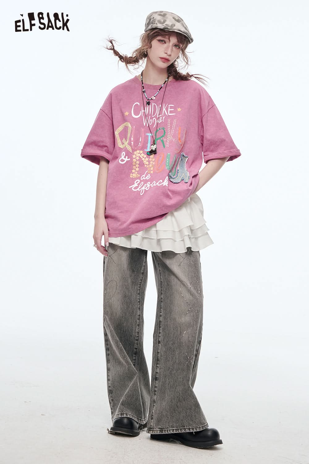 ELFSACK Casual Sweet Pink Letter Printed Short Sleeve Cotton T-Shirt Women