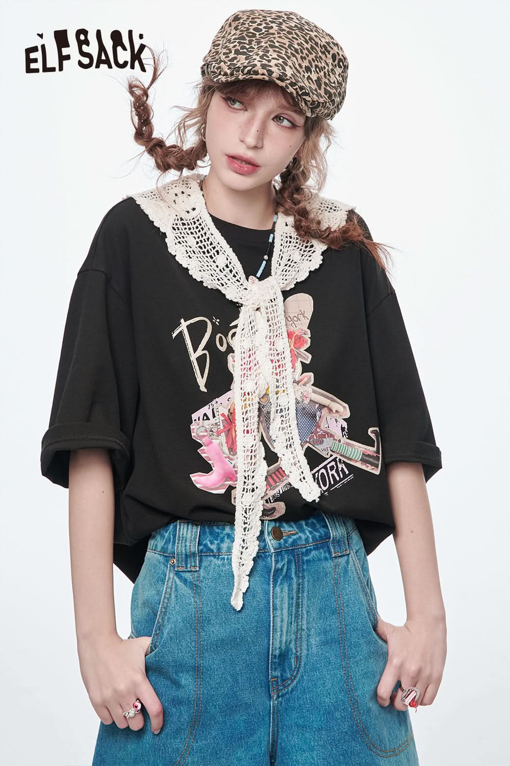 ELFSACK Lace O-neck Printed Short Sleeve T-shirt Women Dopamine Spring Outfit