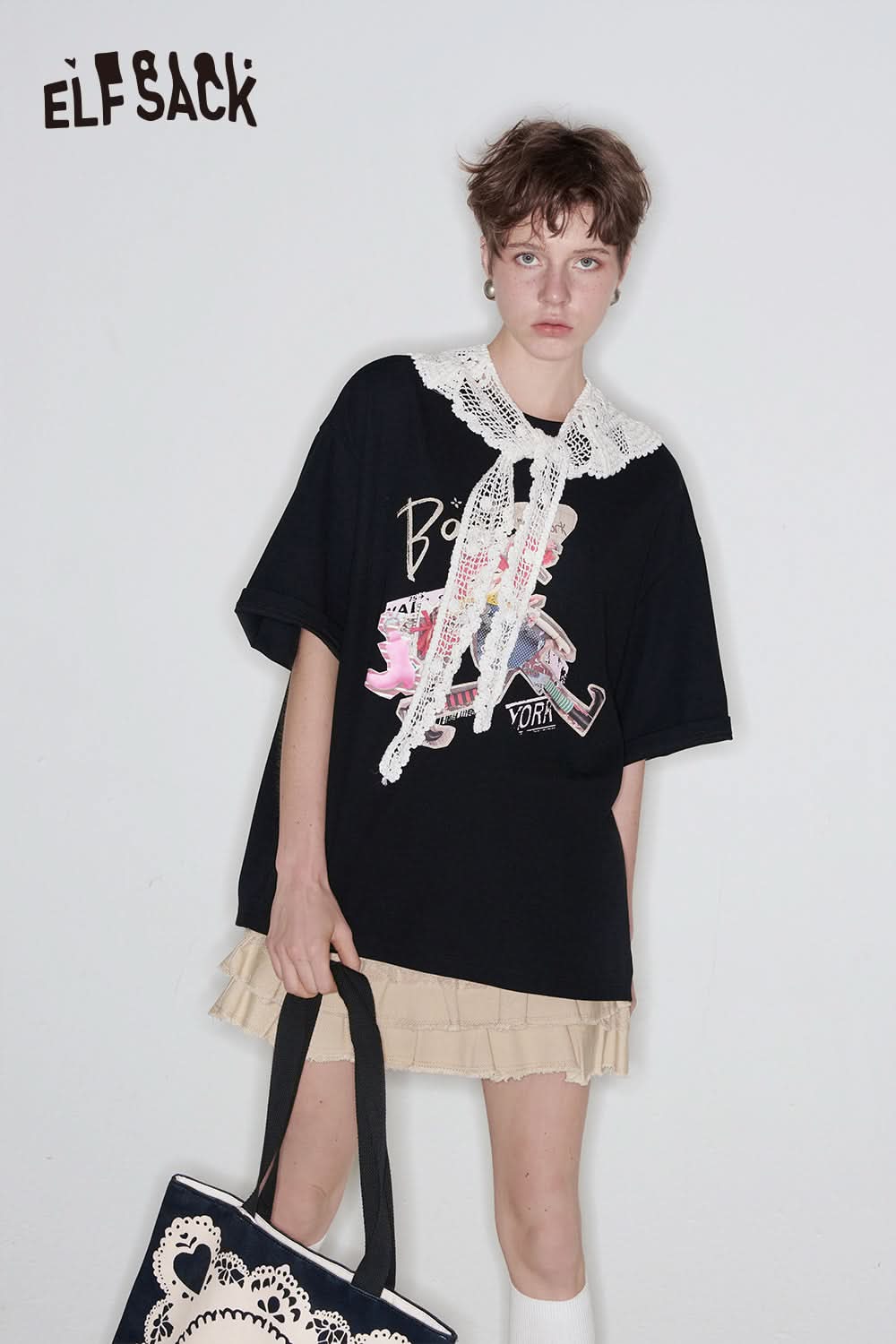 ELFSACK Lace O-neck Printed Short Sleeve T-shirt Women Dopamine Spring Outfit