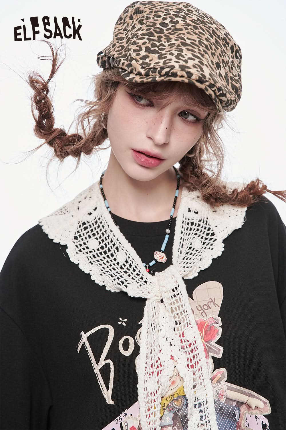 ELFSACK Lace O-neck Printed Short Sleeve T-shirt Women Dopamine Spring Outfit