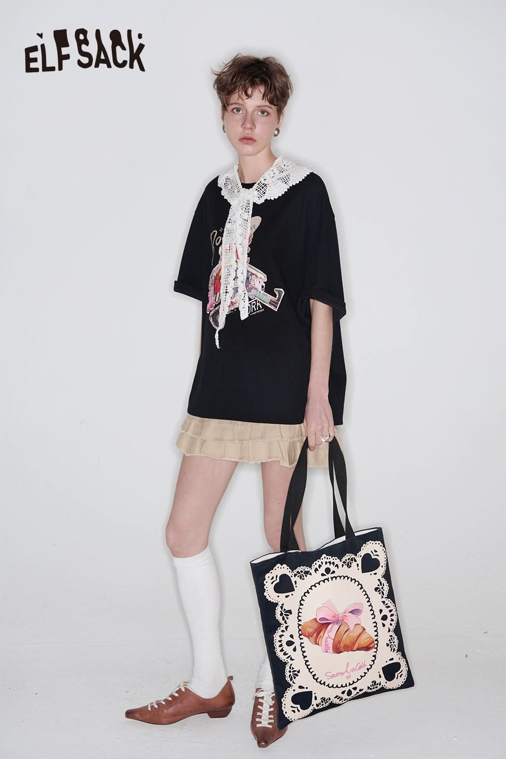 ELFSACK Lace O-neck Printed Short Sleeve T-shirt Women Dopamine Spring Outfit