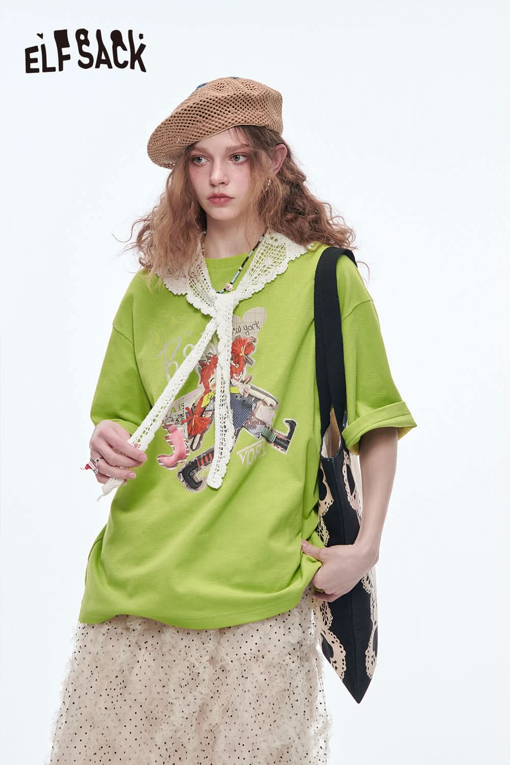 ELFSACK Lace O-neck Printed Short Sleeve T-shirt Women Dopamine Spring Outfit