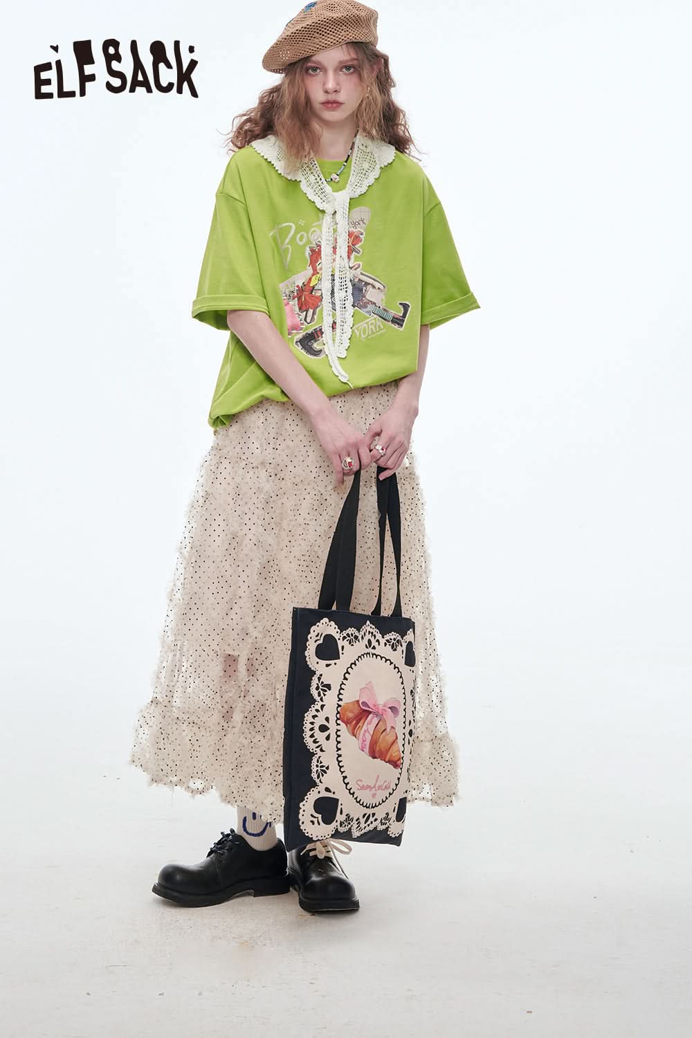 ELFSACK Lace O-neck Printed Short Sleeve T-shirt Women Dopamine Spring Outfit