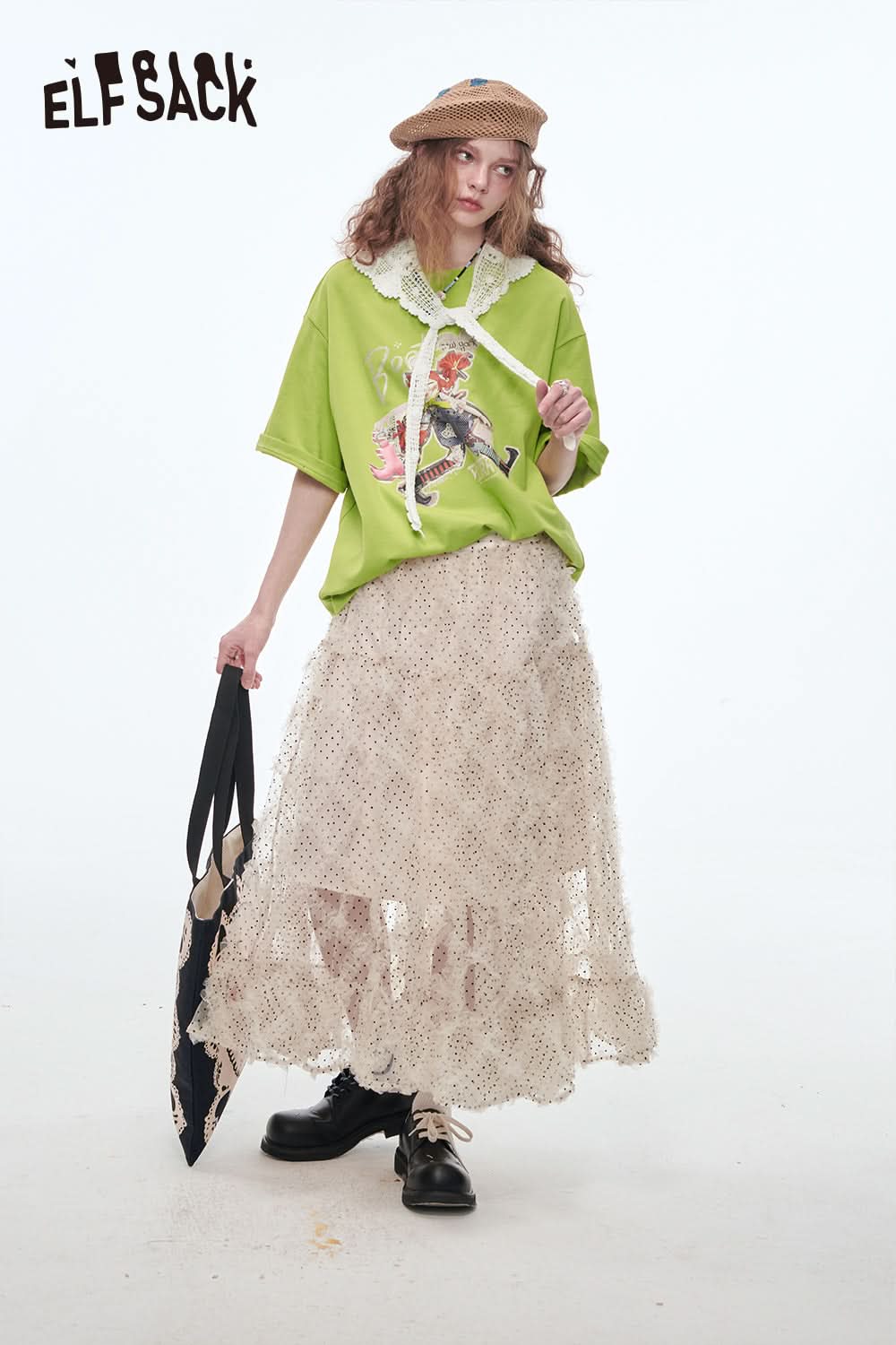 ELFSACK Lace O-neck Printed Short Sleeve T-shirt Women Dopamine Spring Outfit