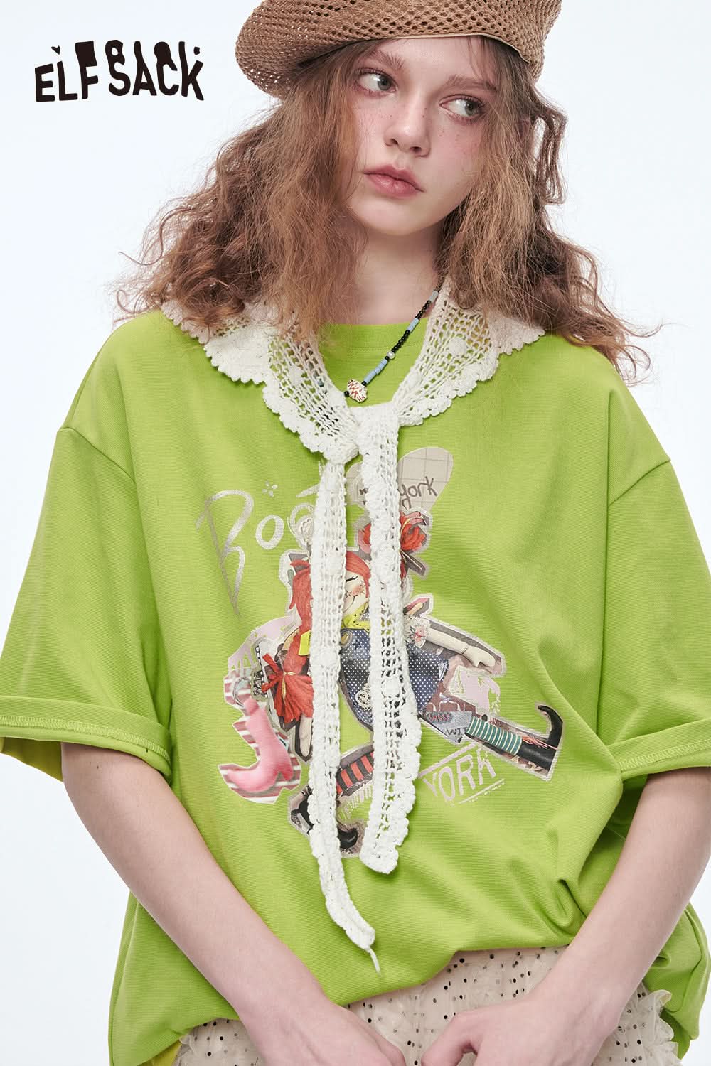 ELFSACK Lace O-neck Printed Short Sleeve T-shirt Women Dopamine Spring Outfit