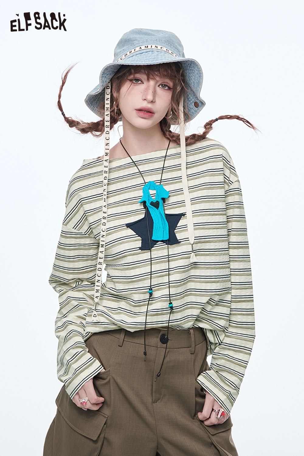 ELFSACK Sweet Cool Loose Boat Neck Top Trendy Star Long Sleeve Striped T-shirt Women