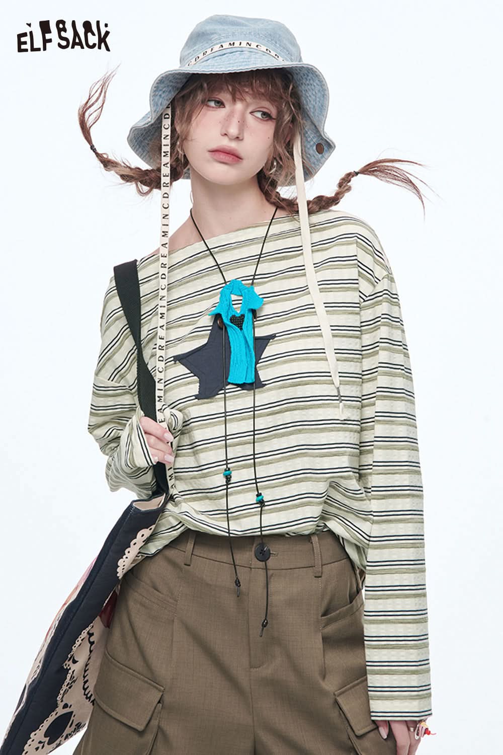 ELFSACK Sweet Cool Loose Boat Neck Top Trendy Star Long Sleeve Striped T-shirt Women