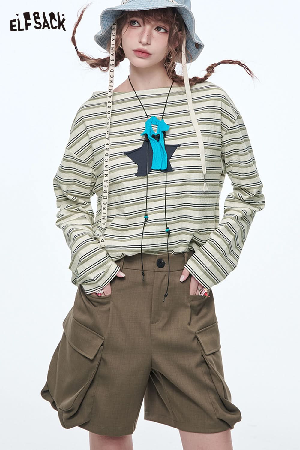 ELFSACK Sweet Cool Loose Boat Neck Top Trendy Star Long Sleeve Striped T-shirt Women