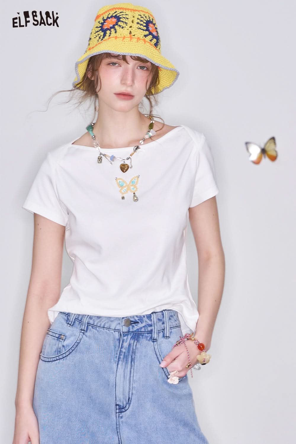 ELFSACK Y2K Butterfly Short Sleeve O-neck Slim T-shirt Women Embroidery Sequin Crop Top
