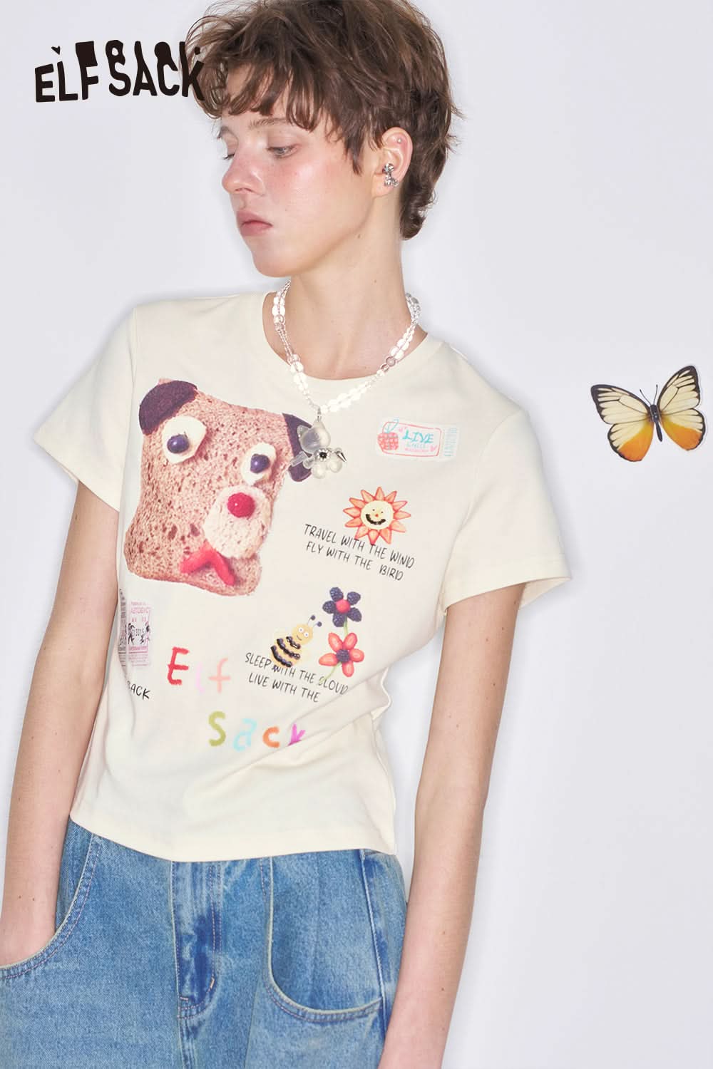 ELFSACK Y2K Puppy Printed Slim Short Sleeve T-Shirt Women Versatile Crop Top