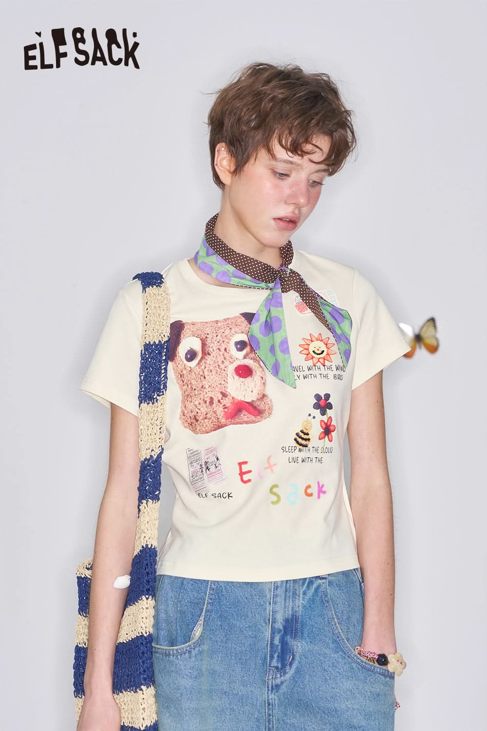 ELFSACK Y2K Puppy Printed Slim Short Sleeve T-Shirt Women Versatile Crop Top