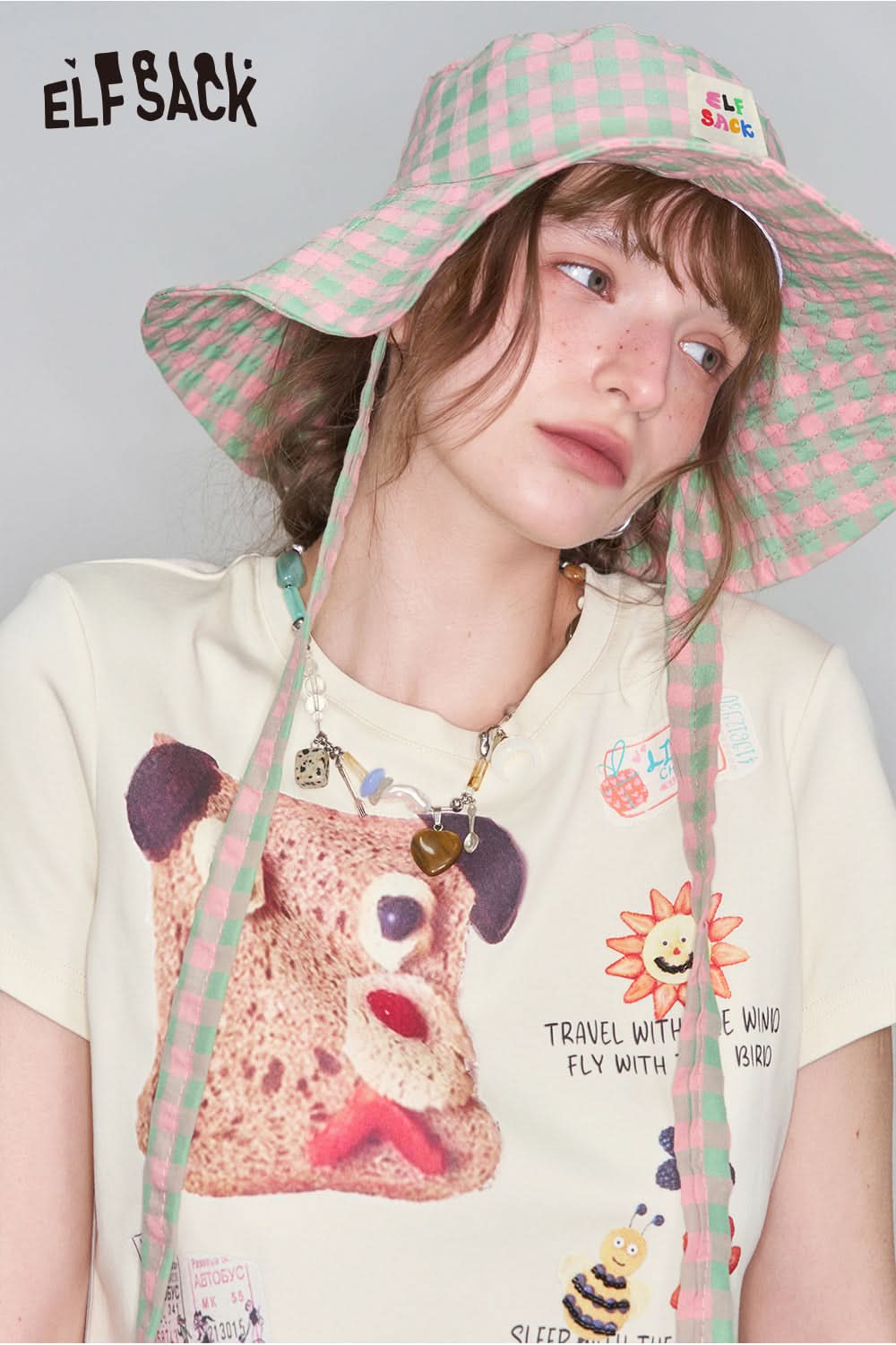 ELFSACK Y2K Puppy Printed Slim Short Sleeve T-Shirt Women Versatile Crop Top