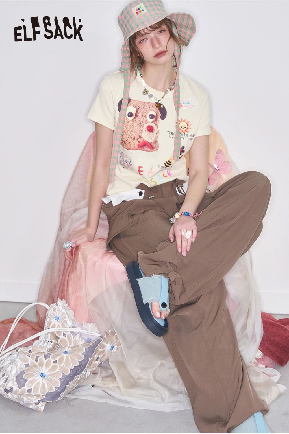 ELFSACK Y2K Puppy Printed Slim Short Sleeve T-Shirt Women Versatile Crop Top