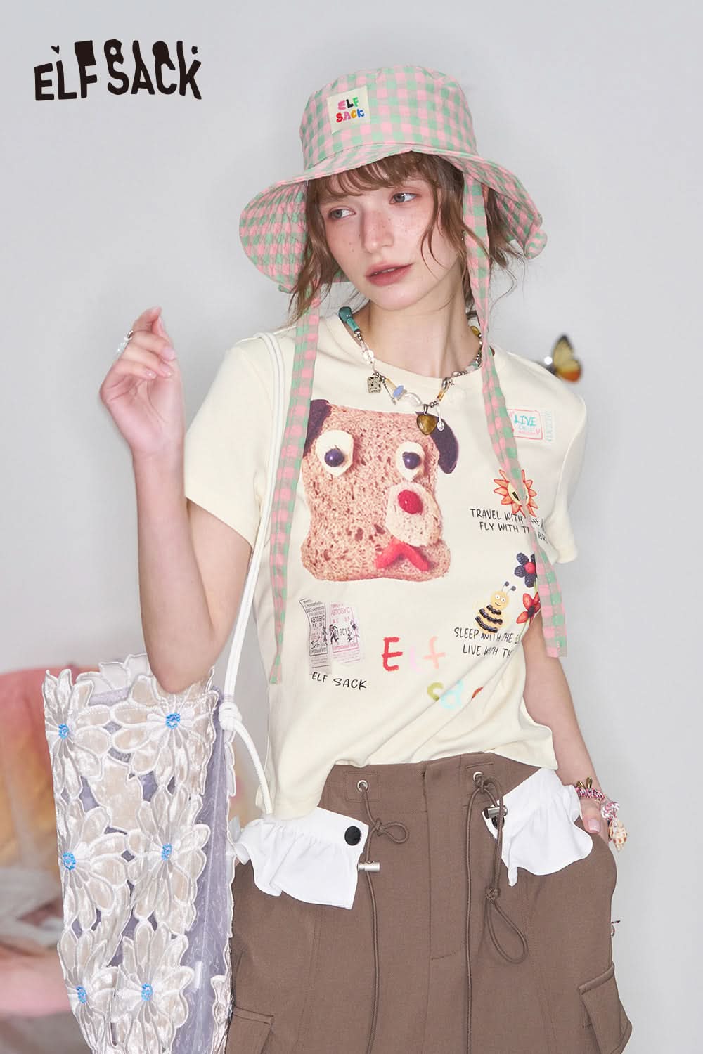 ELFSACK Y2K Puppy Printed Slim Short Sleeve T-Shirt Women Versatile Crop Top