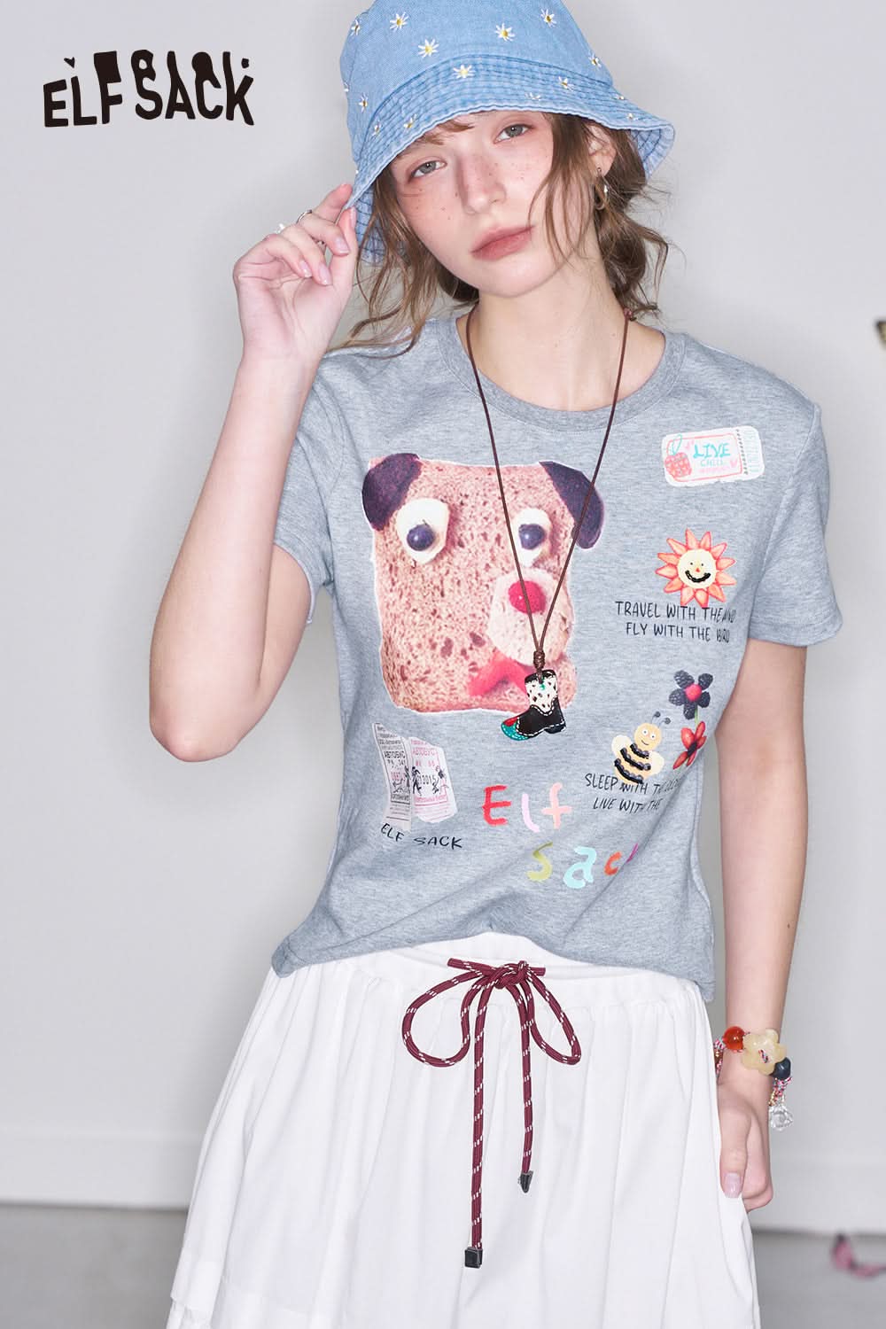 ELFSACK Y2K Puppy Printed Slim Short Sleeve T-Shirt Women Versatile Crop Top