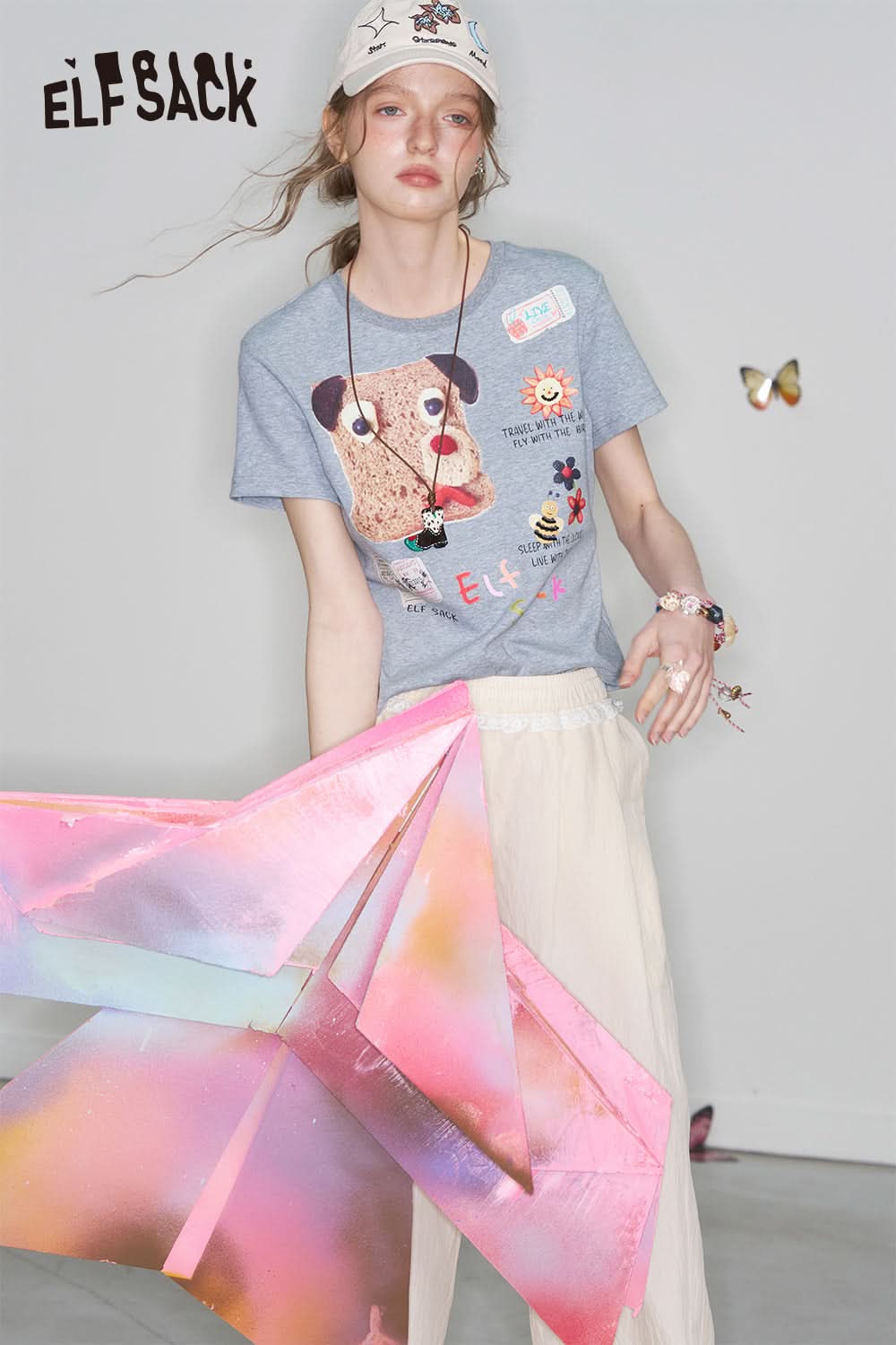 ELFSACK Y2K Puppy Printed Slim Short Sleeve T-Shirt Women Versatile Crop Top