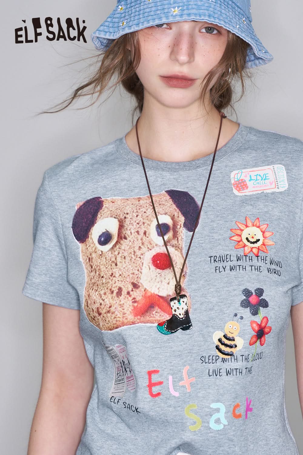 ELFSACK Y2K Puppy Printed Slim Short Sleeve T-Shirt Women Versatile Crop Top