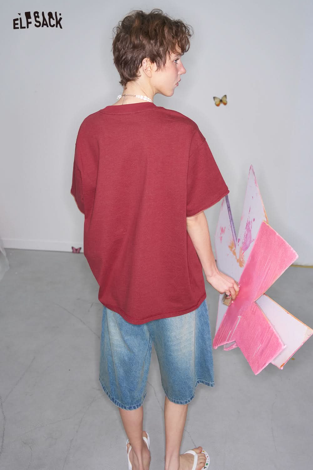 ELFSACK Y2K Red Heart Embroidery Short Sleeve T-shirt Women Loose Oversize Casual Top