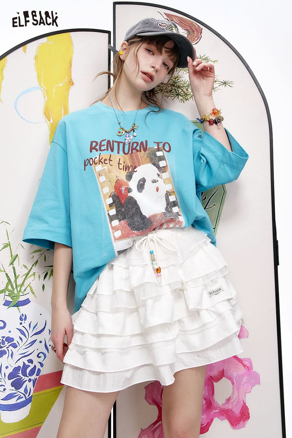 ELFSACK Panda print short sleeved loose T-shirt