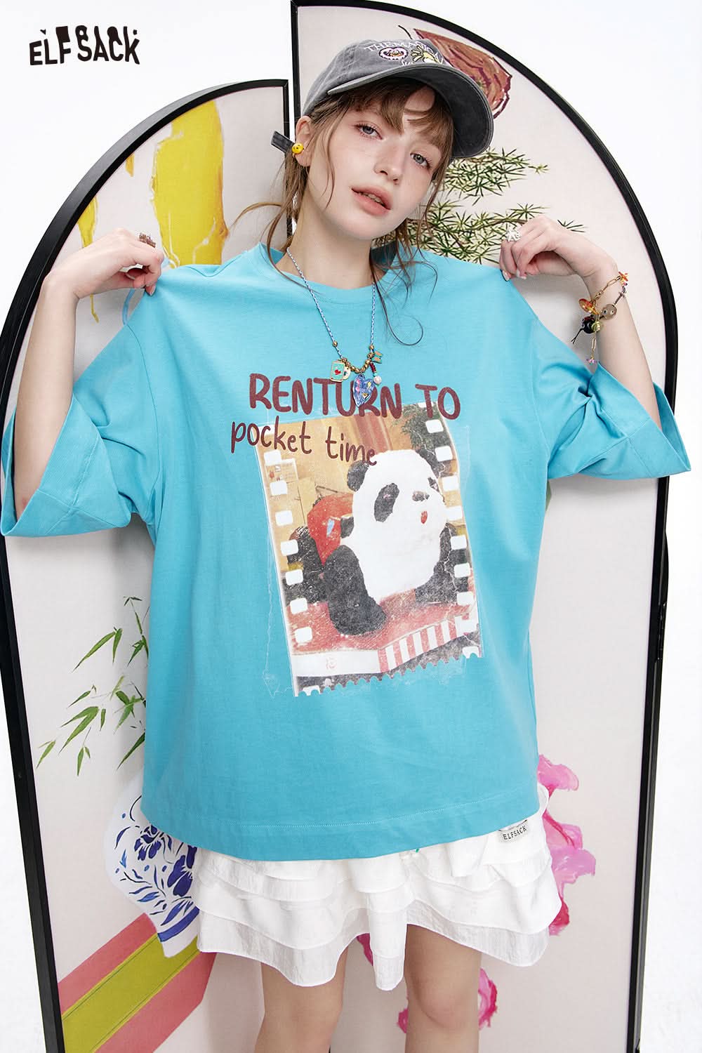 ELFSACK Panda print short sleeved loose T-shirt