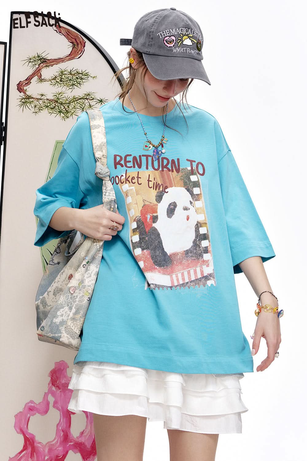 ELFSACK Panda print short sleeved loose T-shirt