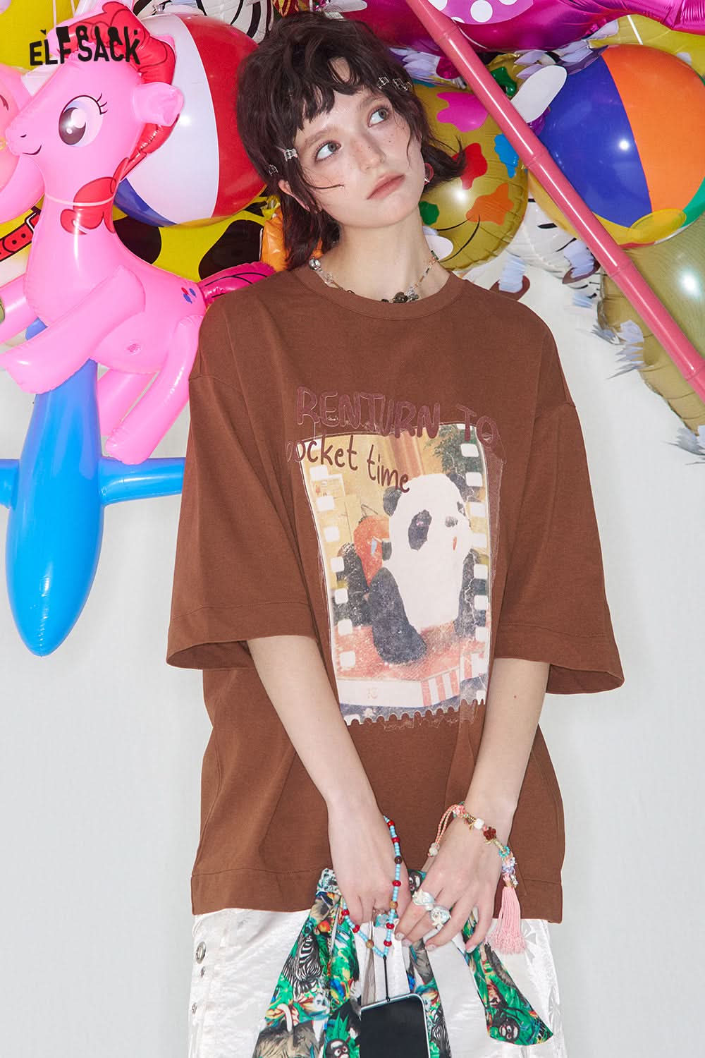 ELFSACK Panda print short sleeved loose T-shirt