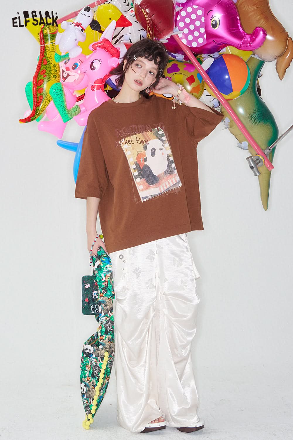 ELFSACK Panda print short sleeved loose T-shirt