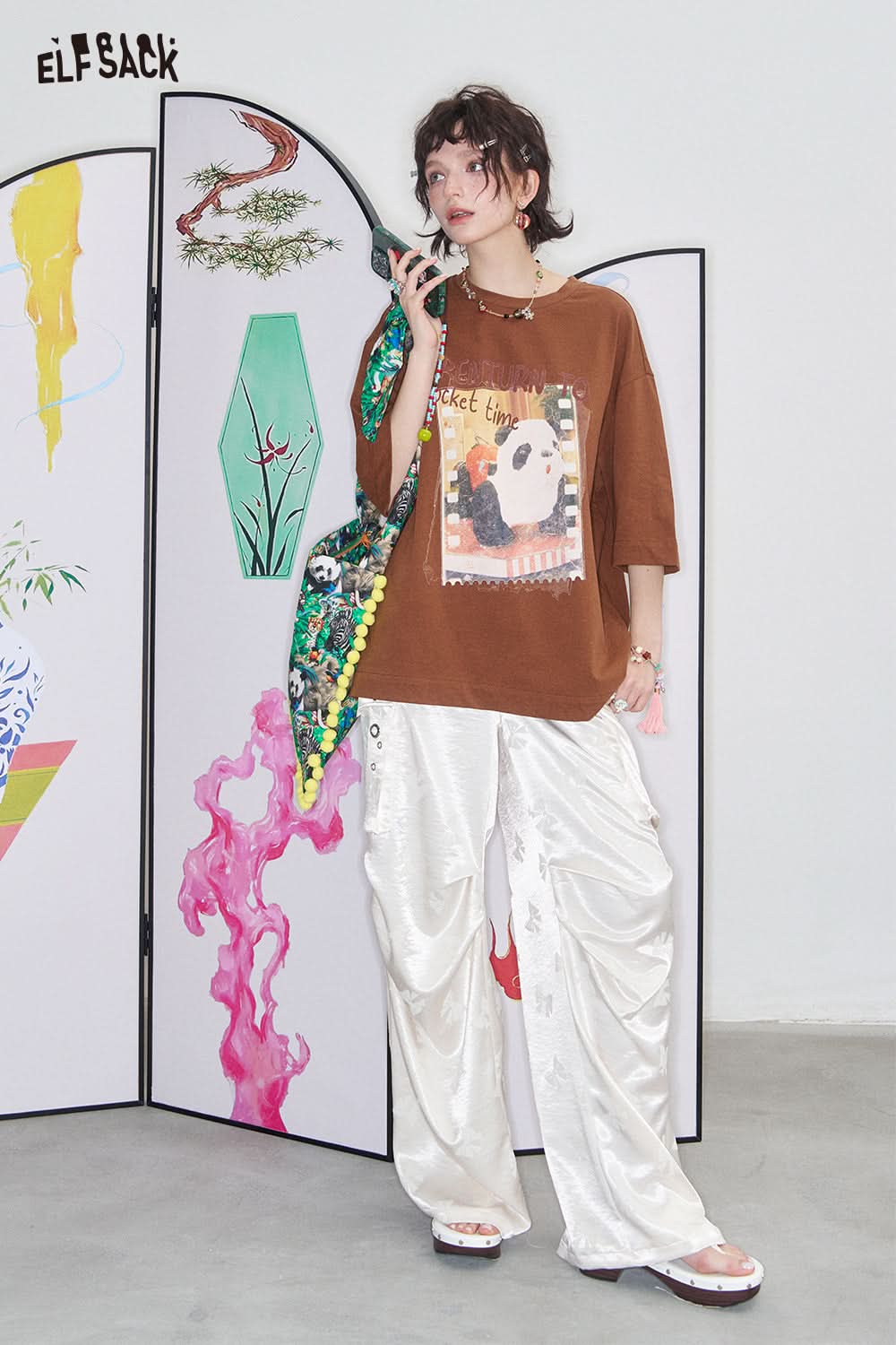 ELFSACK Panda print short sleeved loose T-shirt