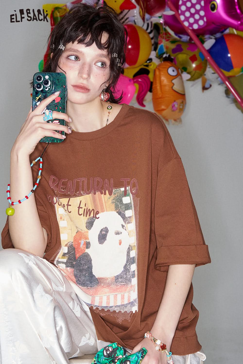 ELFSACK Panda print short sleeved loose T-shirt