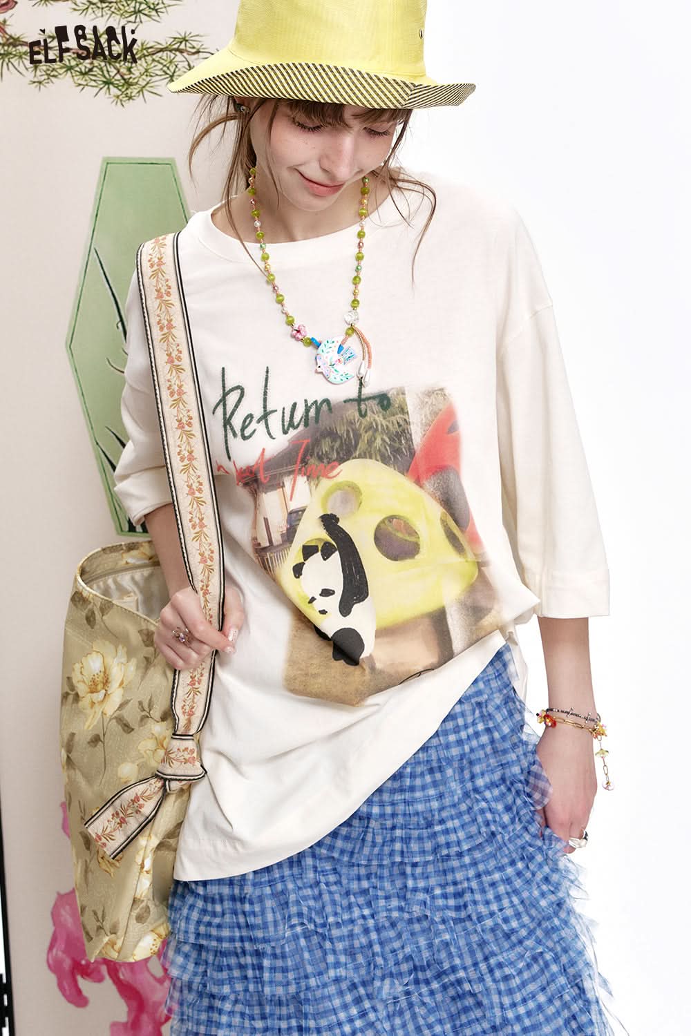 ELFSACK Panda print short sleeved loose T-shirt