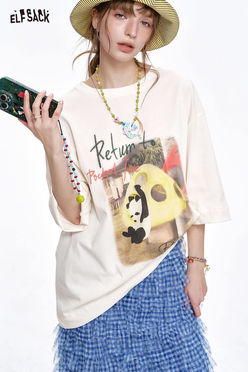 ELFSACK Panda print short sleeved loose T-shirt