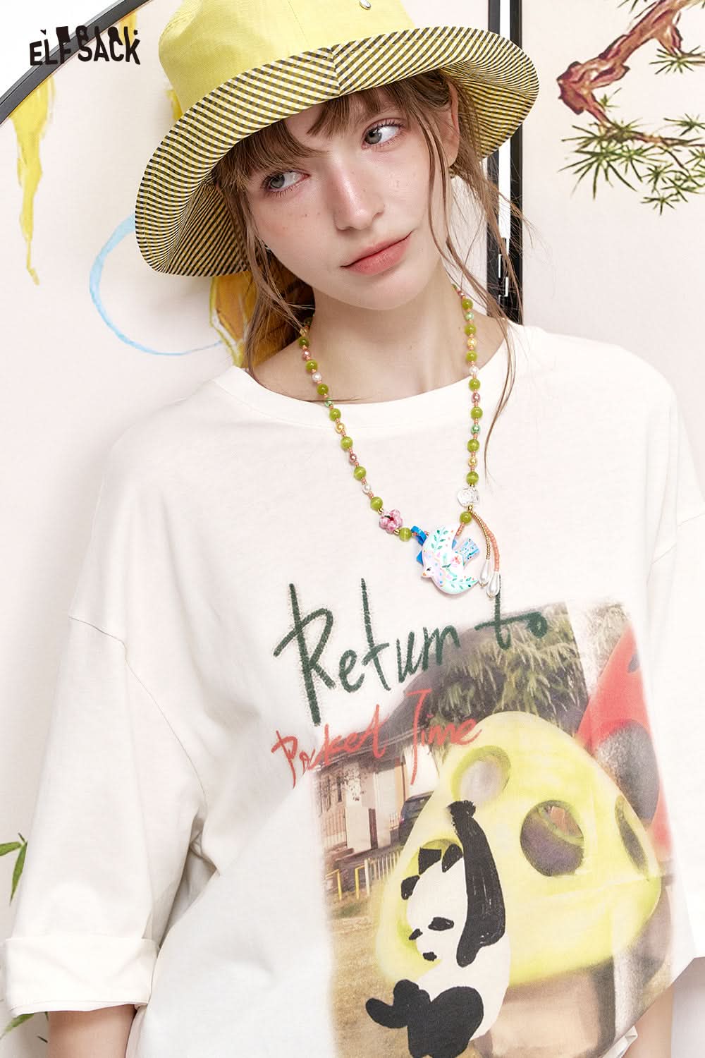 ELFSACK Panda print short sleeved loose T-shirt