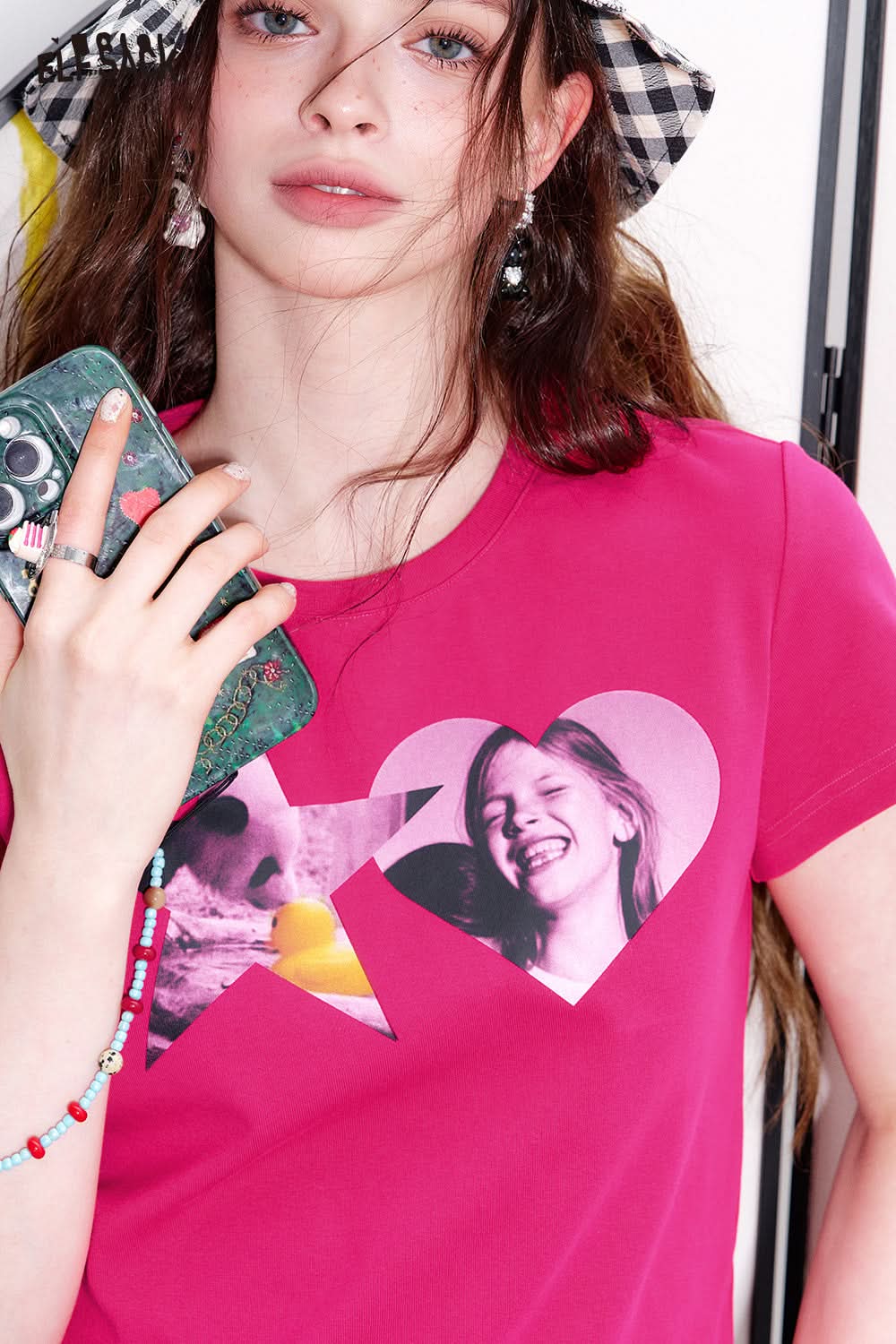 ELFSACK Lace patchwork retro printed short sleeved shoulder T-shirt