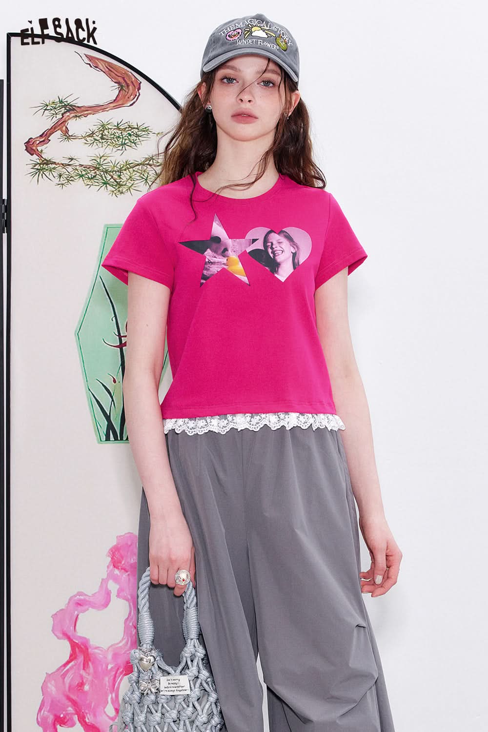 ELFSACK Lace patchwork retro printed short sleeved shoulder T-shirt