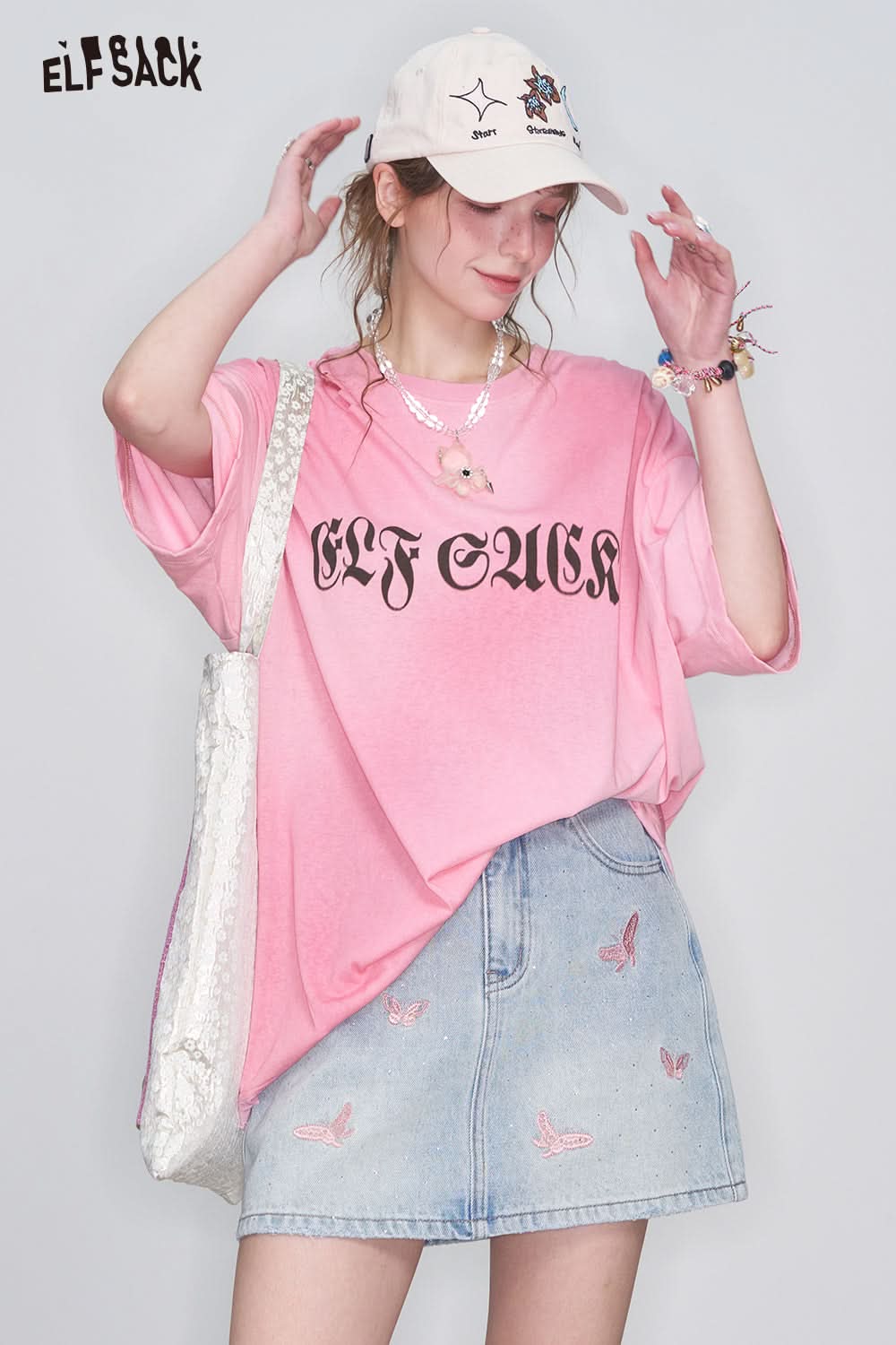 ELFSACK Letter Printed Blending Ripped Short Sleeve T-Shirt Women Loose Casual Top