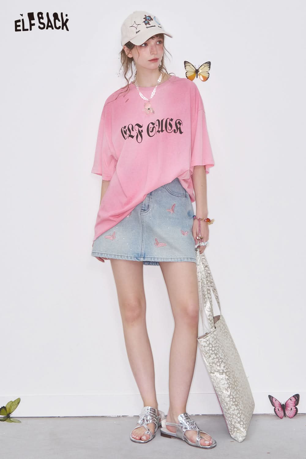 ELFSACK Letter Printed Blending Ripped Short Sleeve T-Shirt Women Loose Casual Top