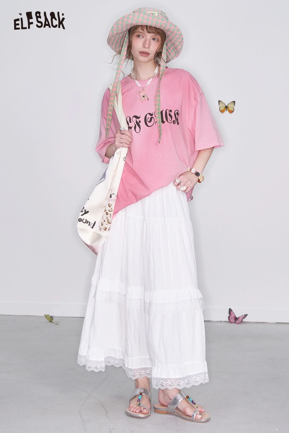 ELFSACK Letter Printed Blending Ripped Short Sleeve T-Shirt Women Loose Casual Top