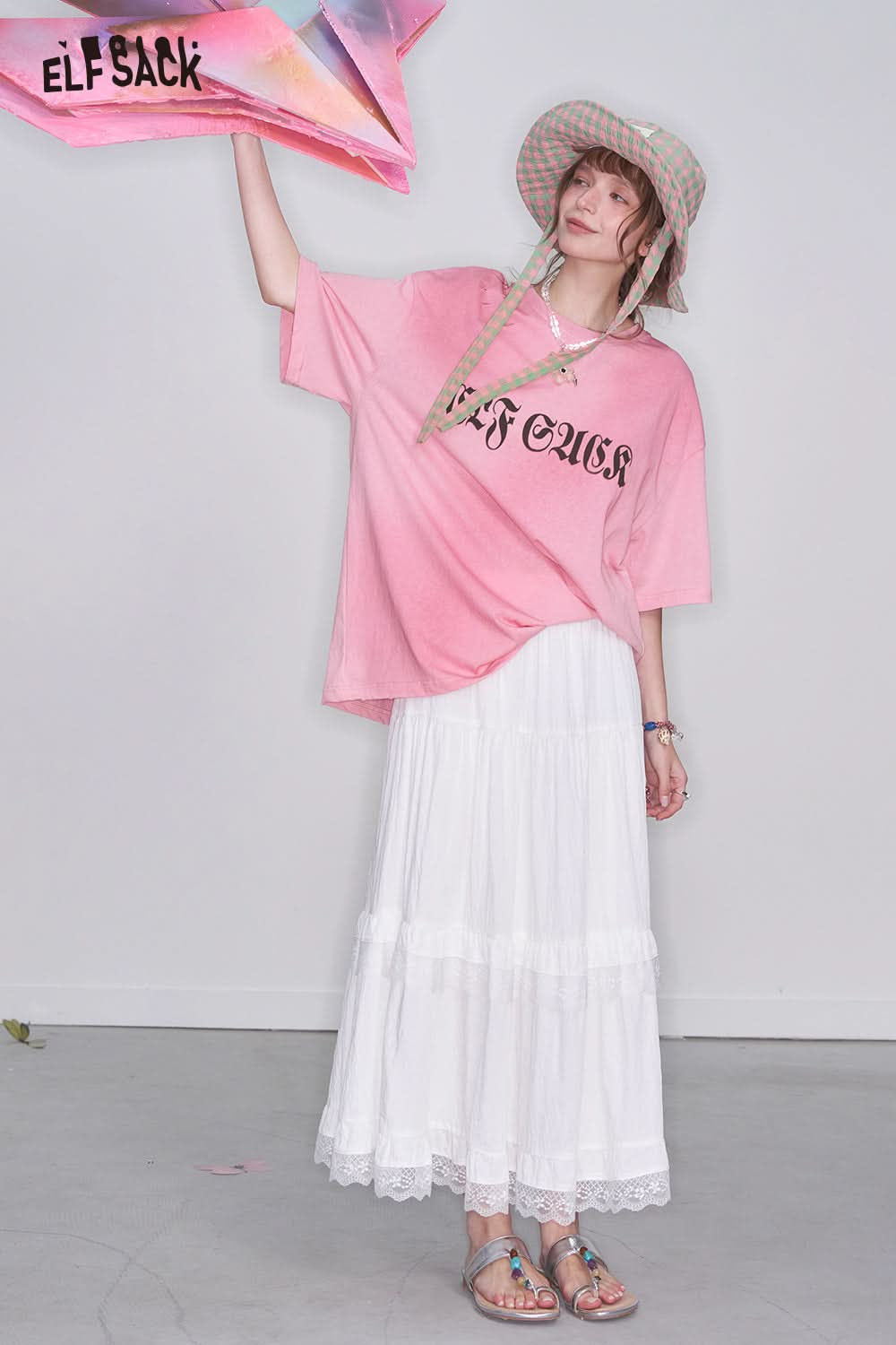 ELFSACK Letter Printed Blending Ripped Short Sleeve T-Shirt Women Loose Casual Top